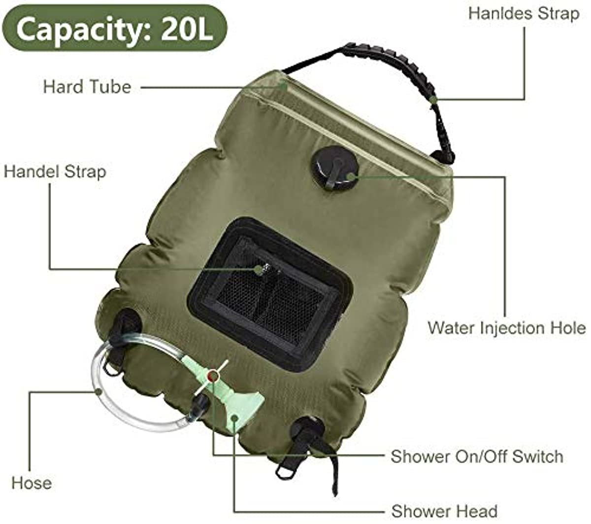 KIPIDA Solar Shower Bag,5 gallons/20L Solar Heating Camping Shower Bag ...